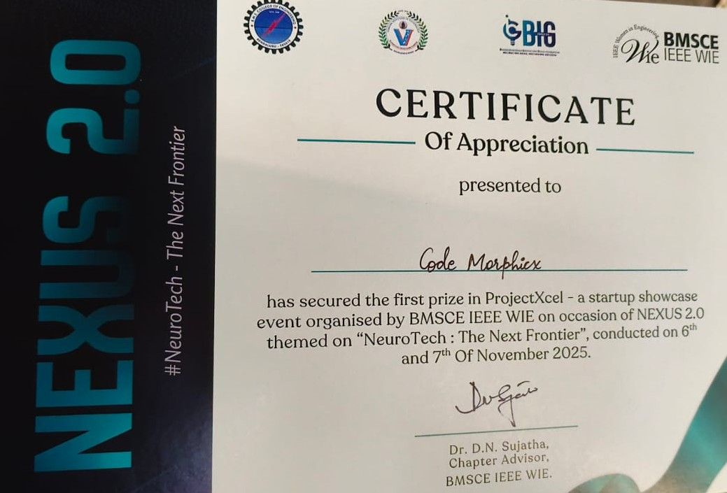 Code Morphicx ProjectXcel Startup Showcase award